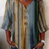 Multicolor Stripe Ruffle 3/4 Sleeve Button Accent Top