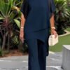 Navy Plain Round Neck Short Sleeve Two Piece Set