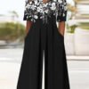 Women's Floral Print V-Neck Wide Leg Jumpsuit with Pockets