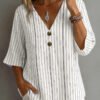 White Stripe V-Neck 3/4 Sleeve Blouse